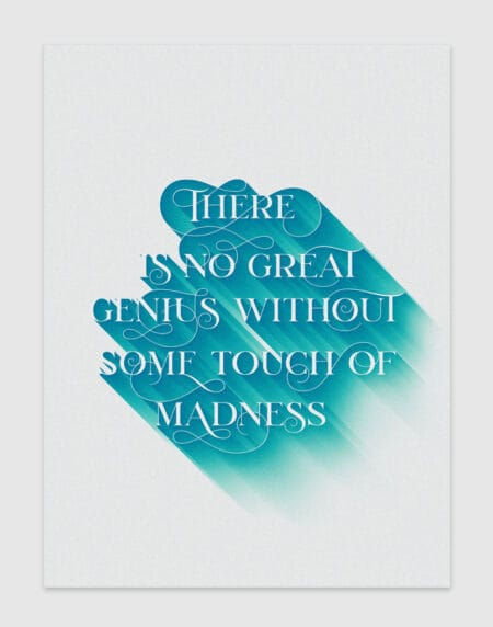 a typographic illustration print, using a deep angled turquoise drop shadow, with the text in white