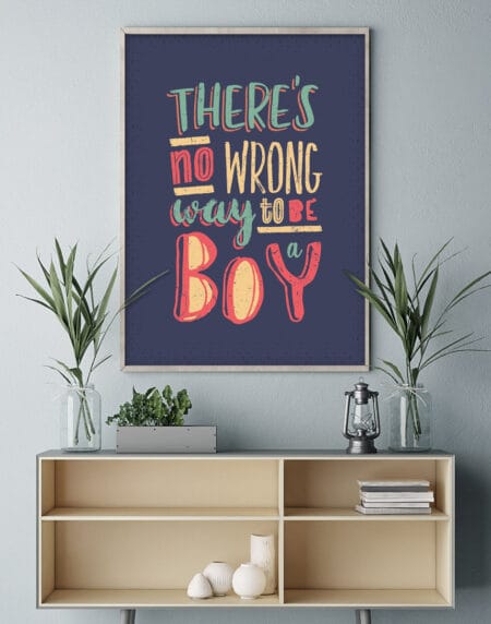 a typographic illustration print, using different font styles in pink, turquoise and yellow, on a blue background