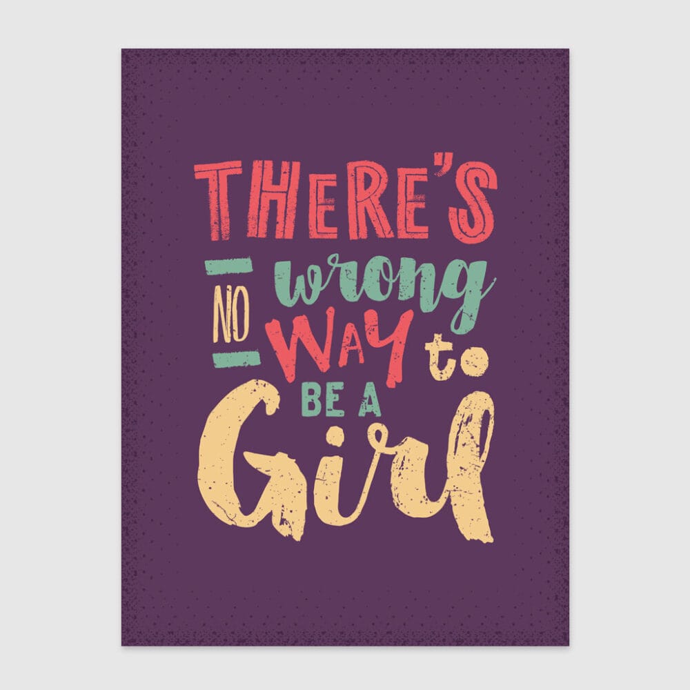 a typographic illustration print, using different font styles in pink, turquoise and yellow, on a purple background