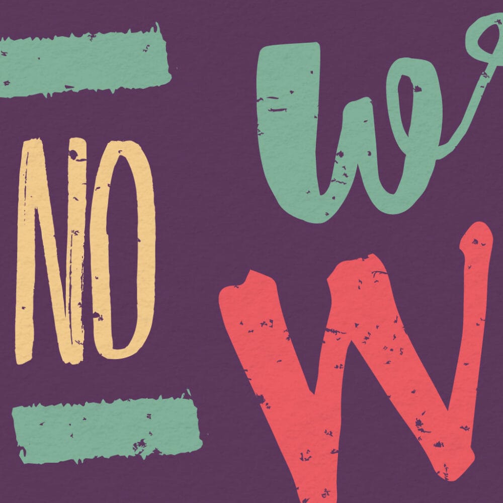 a typographic illustration print, using different font styles in pink, turquoise and yellow, on a purple background, zoomed