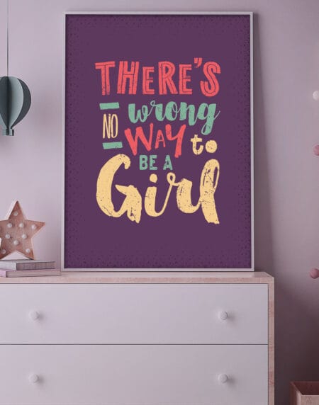 a typographic illustration print, using different font styles in pink, turquoise and yellow, on a purple background