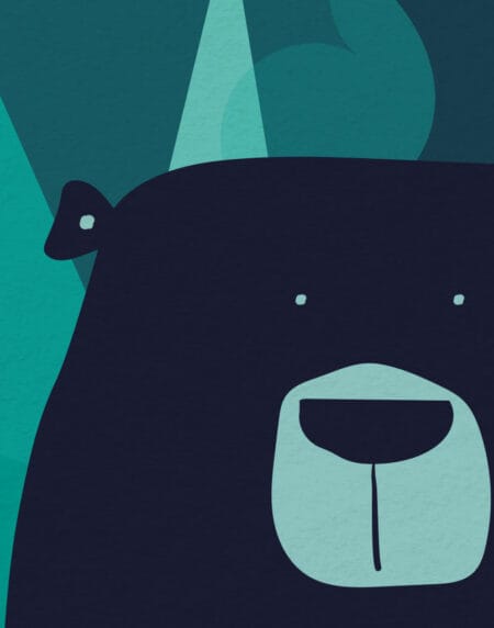 nordic bear illustration print, featuring a bear in dark blues and turquoise colour palette, zoomed in