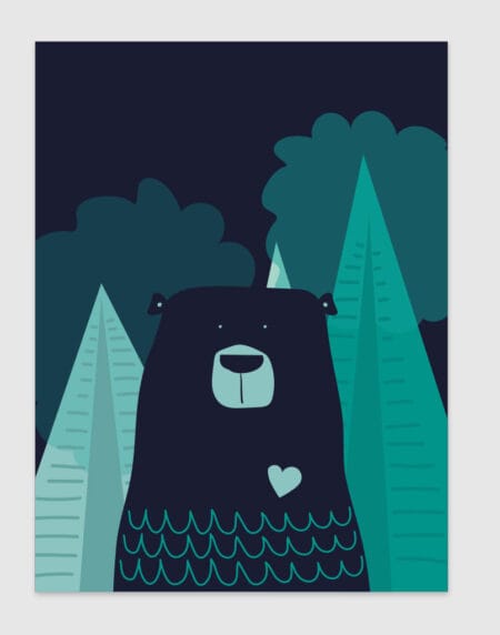 nordic bear illustration print, featuring a bear and a heart, in dark blues and turquoise colour palette