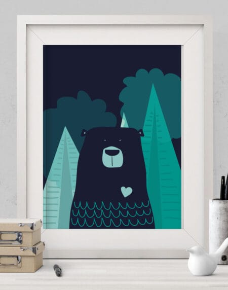 nordic bear illustration print, featuring a bear and a heart, in dark blues and turquoise colour palette