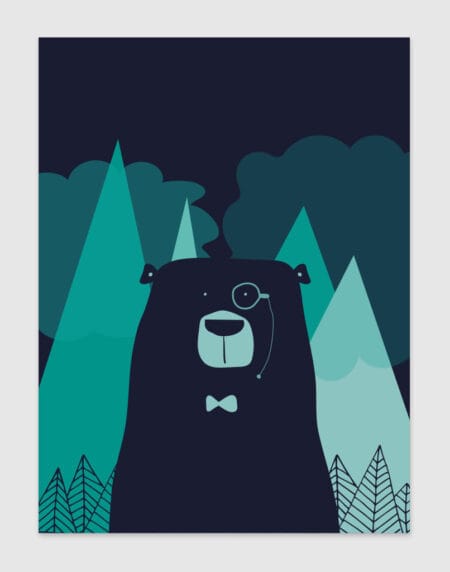 nordic bear illustration print, featuring a bear wearing a bowtie and monocle, in dark blues and turquoise colour palette