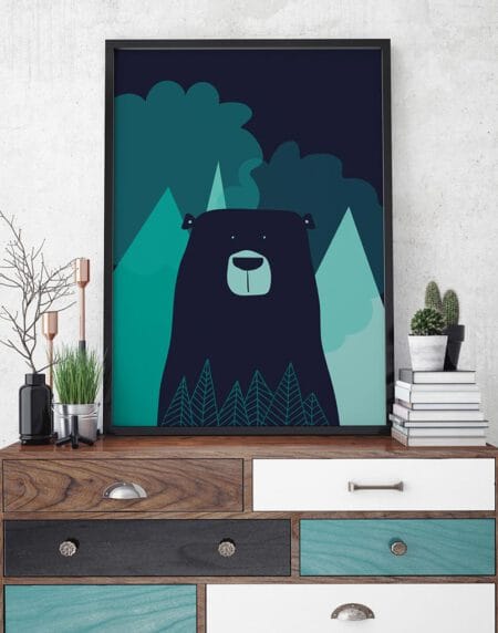 nordic bear illustration print, featuring a bear in dark blues and turquoise colour palette