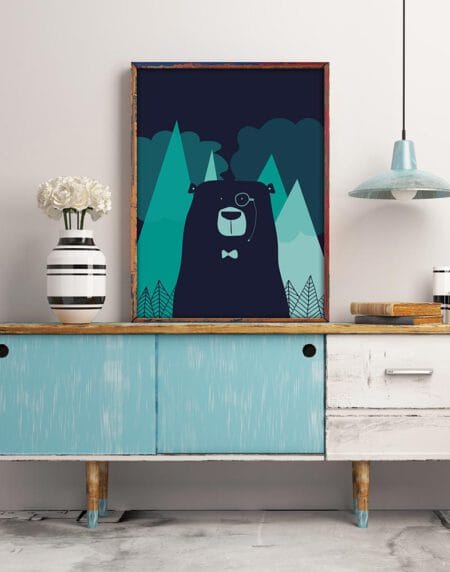 nordic bear illustration print, featuring a bear wearing a bowtie and monocle, in dark blues and turquoise colour palette