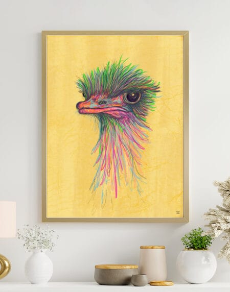 hand-drawn illustration of an ostriches head, done in bright greens and pinks on a yellow background