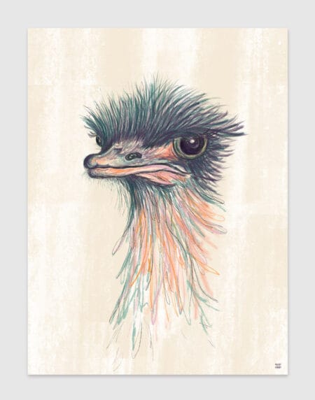 hand-drawn illustration of an ostriches head, done in pastel blues and pink on a cream background