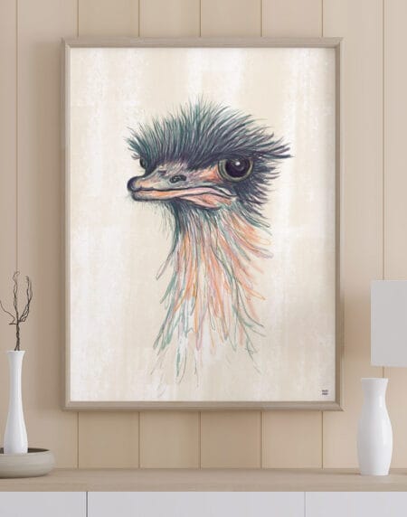 hand-drawn illustration of an ostriches head, done in pastel blues and pink on a cream background