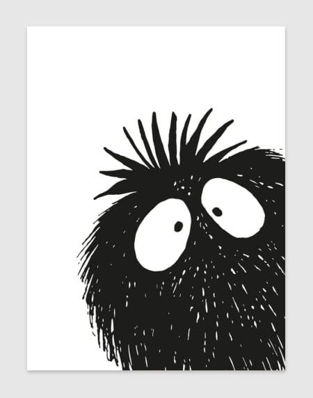 a peekaboo monster illustration print, done in black and white, peeking in from the bottom right corner