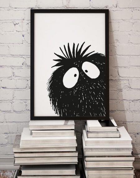a peekaboo monster illustration print, done in black and white, peeking in from the bottom right corner