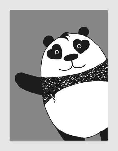 a hand-drawn black and white panda illustration print, with hearts for eyes, appearing from the bottom right corner