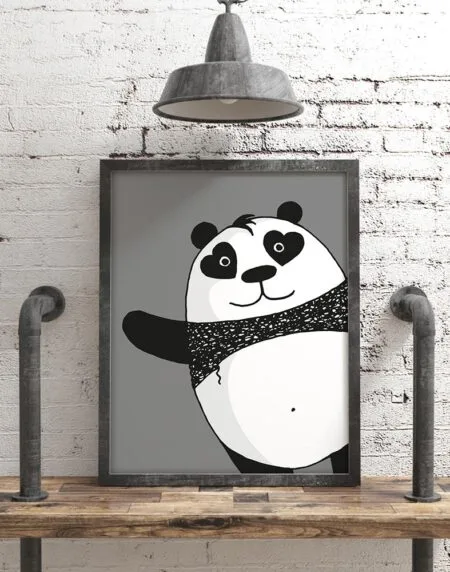 Hand-drawn panda photobombing with heart-shaped eye patches and a black jumper on a grey background – playful panda wall art giclée print.