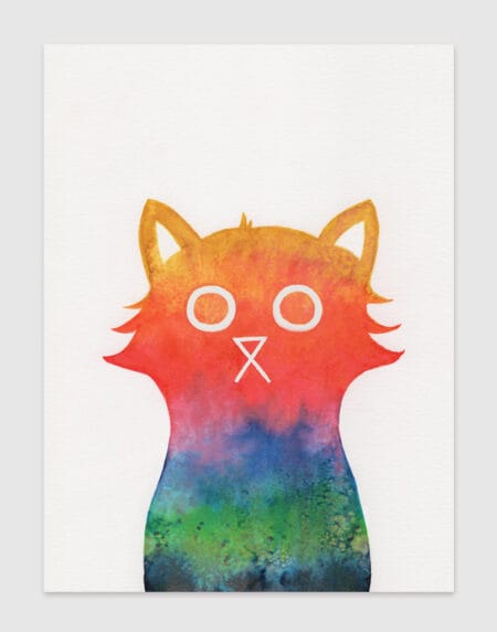a hand-illustrated cat painted in all the colours of the rainbow