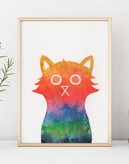 a hand-illustrated cat painted in all the colours of the rainbow
