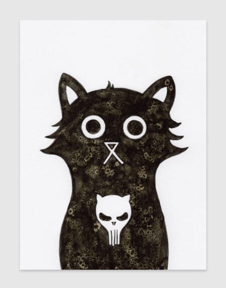 hand-drawn salt and ink illustration print, depicting a cute cat with the Punisher skull on his chest