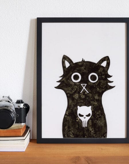 hand-drawn salt and ink illustration print, depicting a cute cat with the Punisher skull on his chest