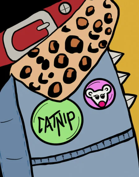 zoomed in version of his denim coat, collar and badges