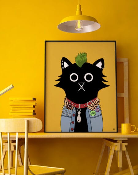 digitally drawn black cat on a yellow background, with green punk hair, cat collar, denim jacket and piercings