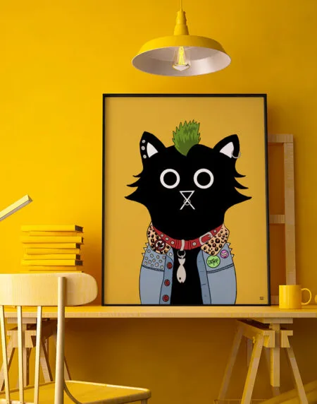digitally drawn black cat on a yellow background, with green punk hair, cat collar, denim jacket and piercings