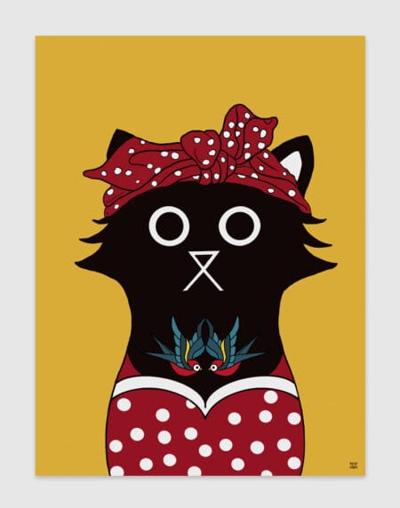 digitally drawn black cat on a yellow background, dressed as a rockabilly cat, with red & white polka dot dress & head scarf