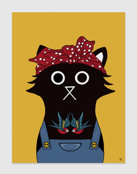 digitally drawn black cat on a yellow background, with tattoos on its chest, in dungarees and a red scarf of her head