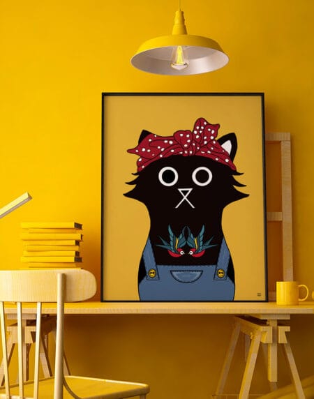 digitally drawn black cat on a yellow background, with tattoos on its chest, in dungarees and a red scarf of her head