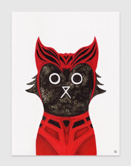 hand-drawn salt and ink illustration print, depicting Marvel's Scarlet Witch Cat, with a red headpiece and outfit