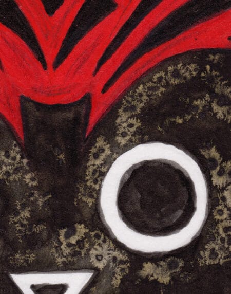 hand-drawn salt and ink illustration print, depicting Marvel's Scarlet Witch Cat, with a red headpiece and outfit zoomed in