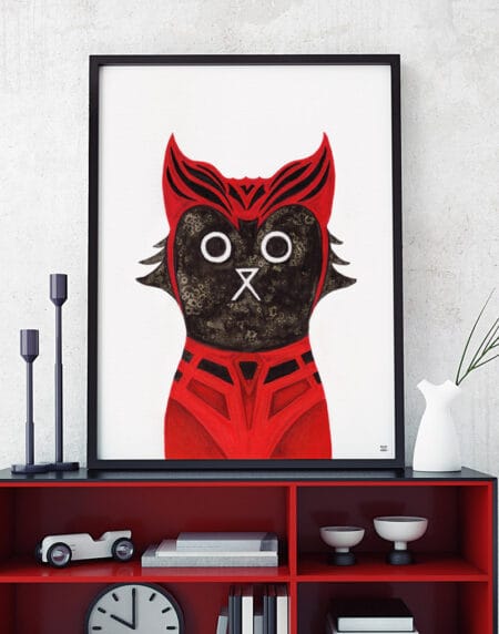 hand-drawn salt and ink illustration print, depicting Marvel's Scarlet Witch Cat, with a red headpiece and outfit