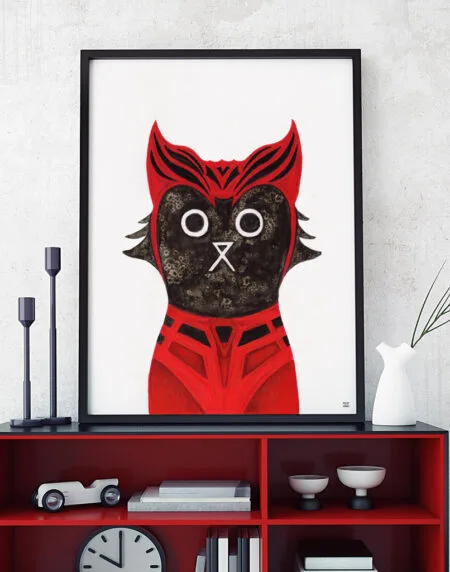 hand-drawn salt and ink illustration print, depicting Marvel's Scarlet Witch Cat, with a red headpiece and outfit