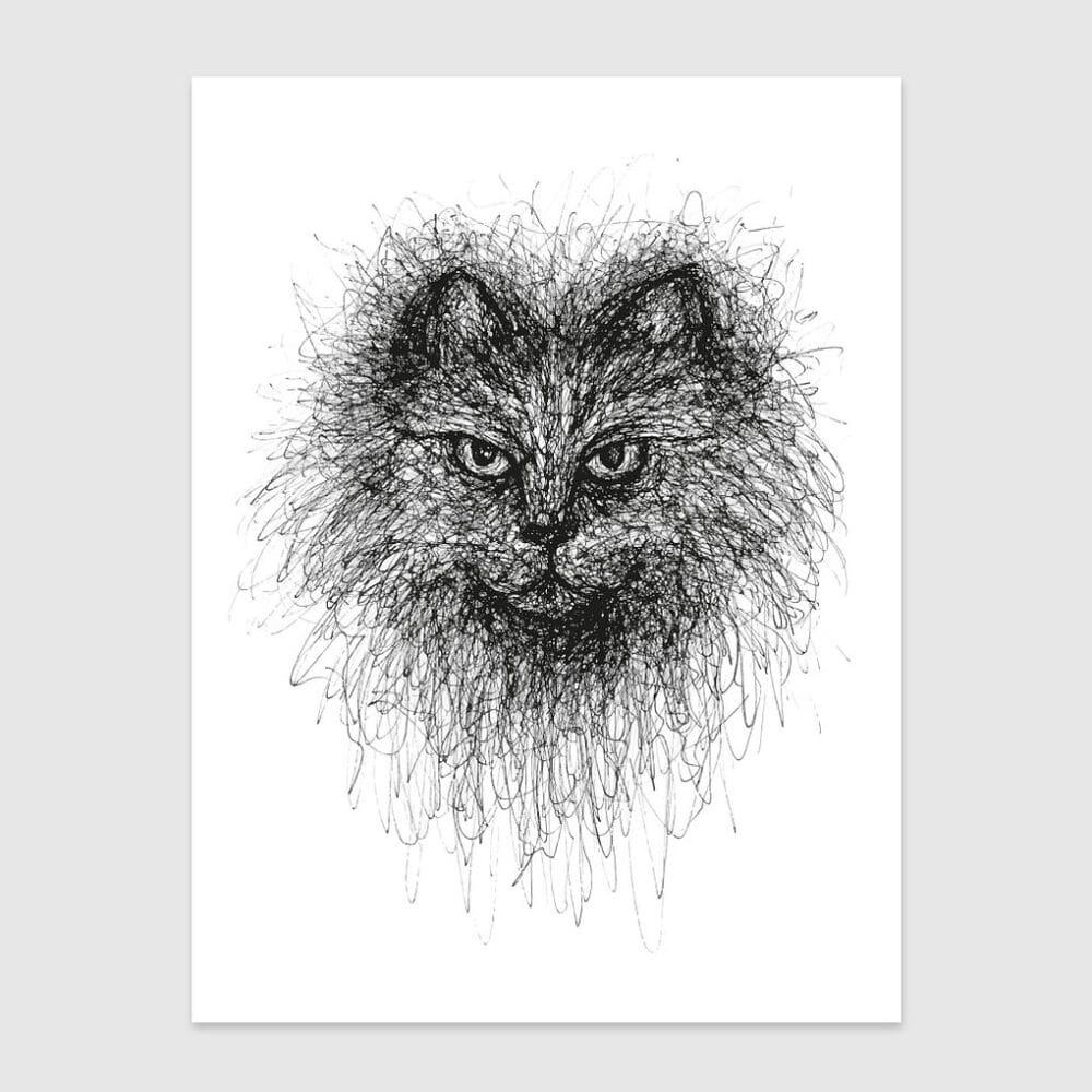 hand-drawn black and white scribble illustration print of a cat