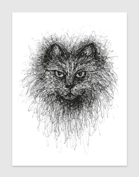 hand-drawn black and white scribble illustration print of a cat