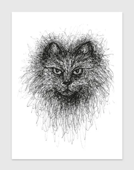 hand-drawn black and white scribble illustration print of a cat