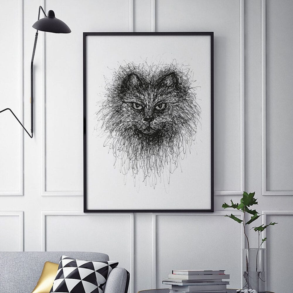 hand-drawn black and white scribble illustration print of a cat