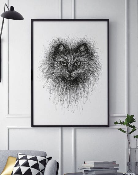 hand-drawn black and white scribble illustration print of a cat