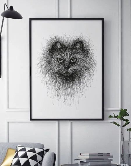 hand-drawn black and white scribble illustration print of a cat
