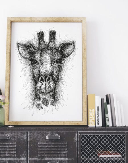 hand-drawn black and white scribble illustration print of a giraffe