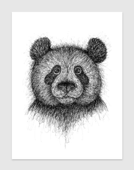 hand-drawn black and white scribble illustration print of a panda