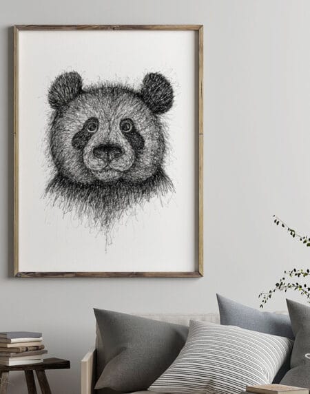 hand-drawn black and white scribble illustration print of a panda