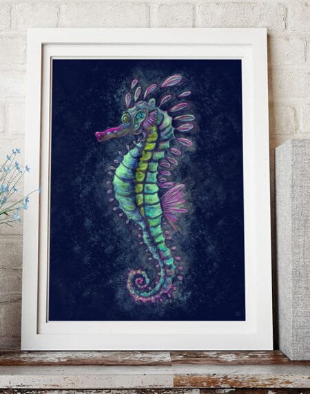 brightly coloured illustration of a seahorse with a dark blue background, bright teals, greens and pinks