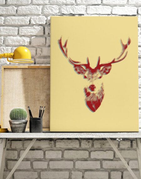 a stags head illustration print, pixelated in style and double exposure, done in red on a cream background