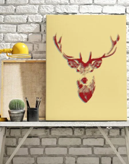 a stags head illustration print, pixelated in style and double exposure, done in red on a cream background