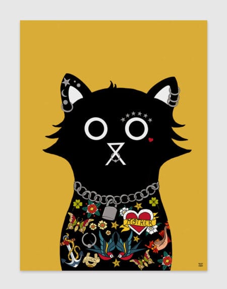 digitally drawn black cat on a yellow background, with tattoos covering its chest, piercings and a chain around his neck