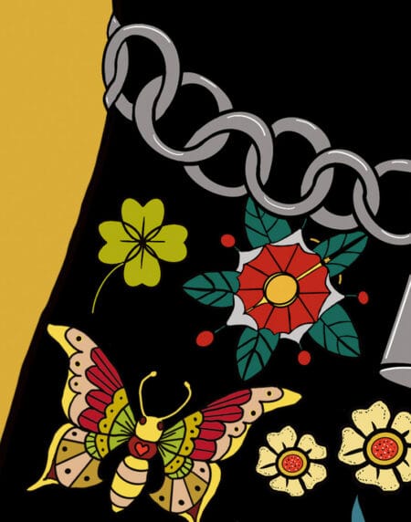 digitally drawn black cat on a yellow background, with tattoos covering its chest, piercings and a chain around his neck