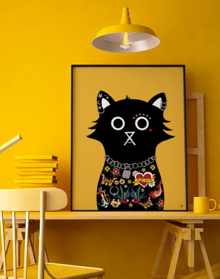 digitally drawn black cat on a yellow background, with tattoos covering its chest, piercings and a chain around his neck