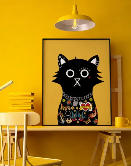 digitally drawn black cat on a yellow background, with tattoos covering its chest, piercings and a chain around his neck