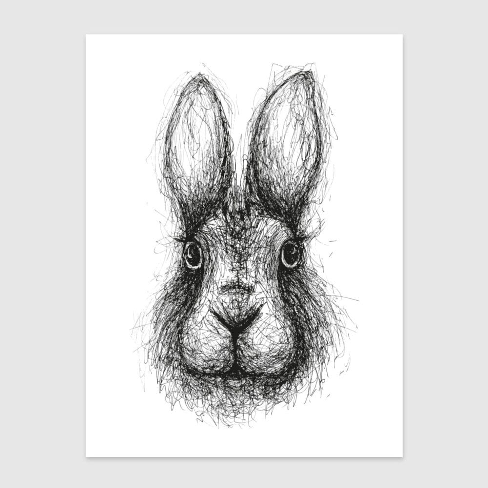 hand-drawn black and white scribble illustration print of a rabbit