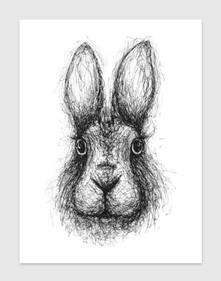 hand-drawn black and white scribble illustration print of a rabbit